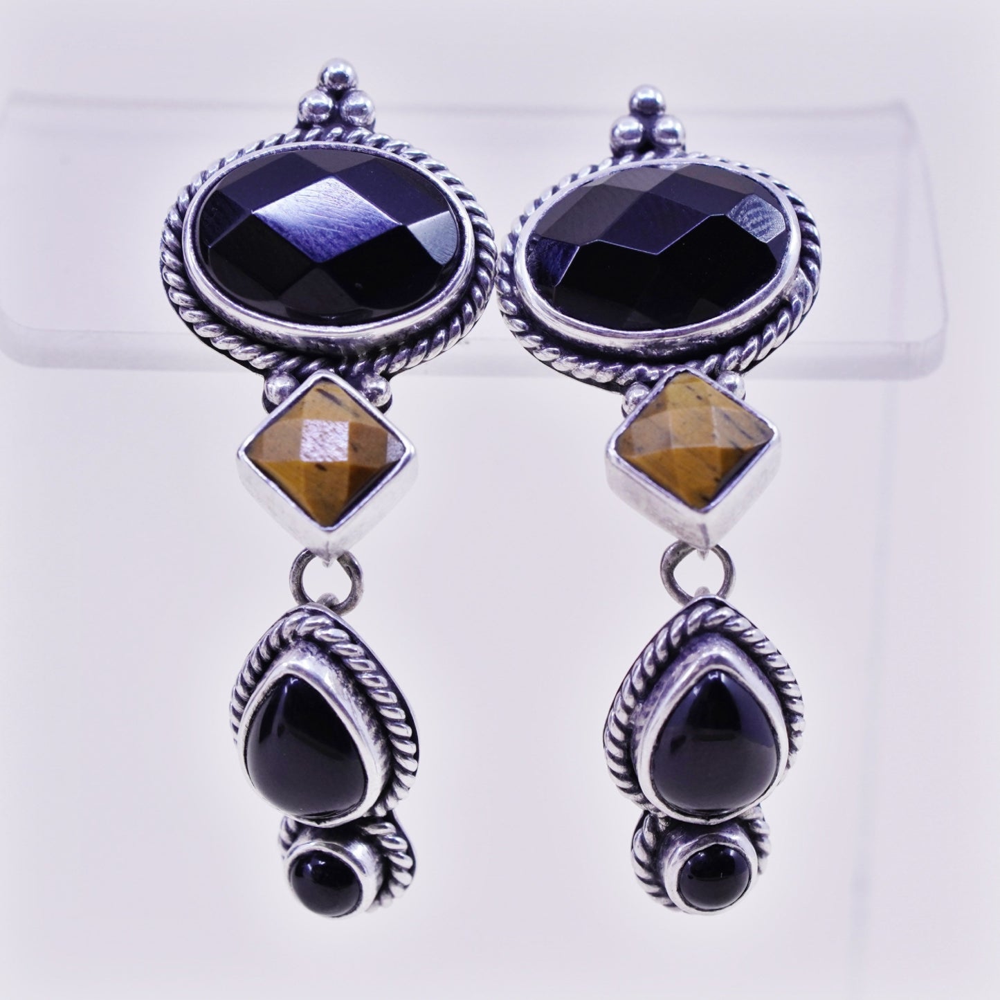 peyote bird sterling 925 silver earrings teardrop obsidian tiger eye and cable