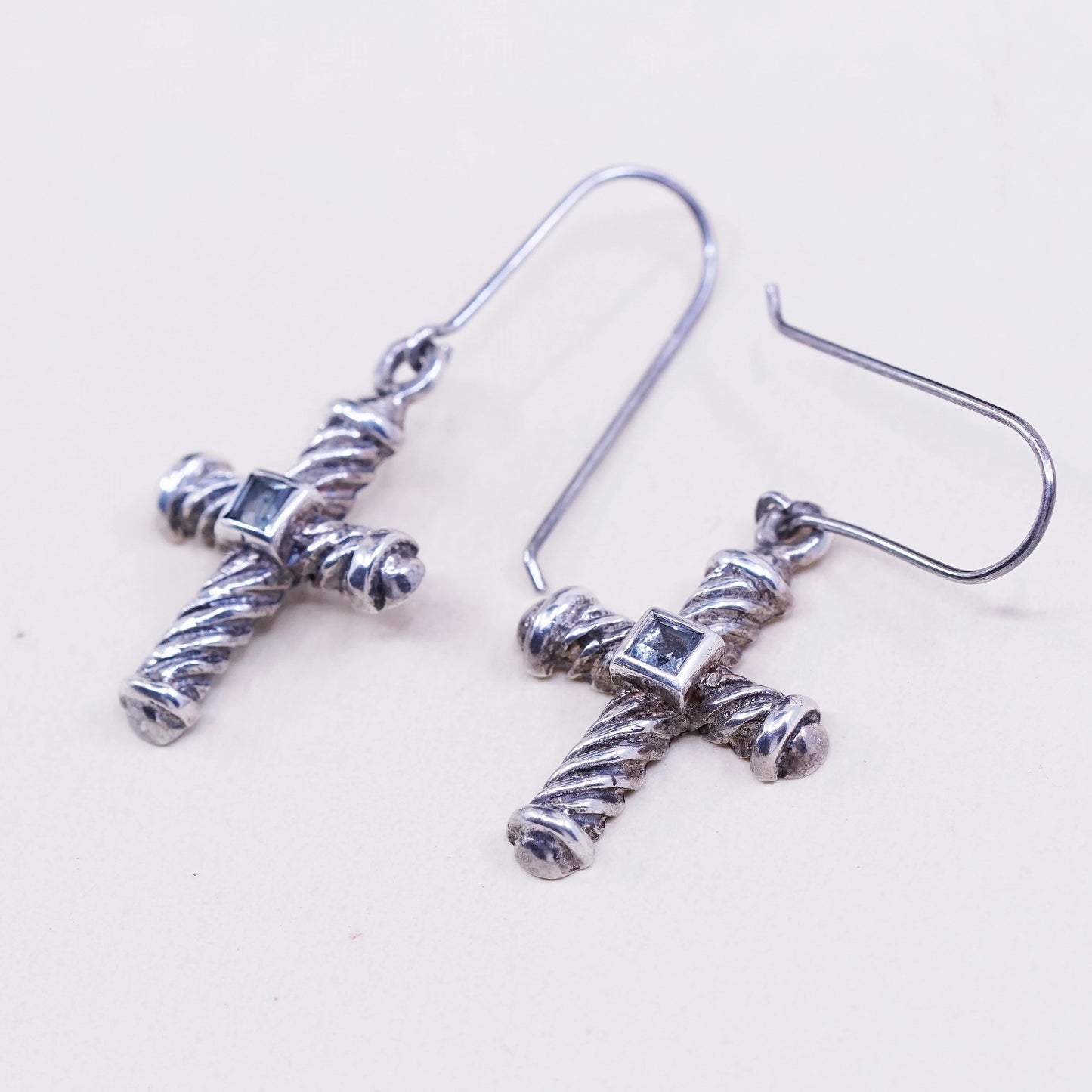 vtg Sterling silver handmade earrings, 925 silver twisted cross with topaz