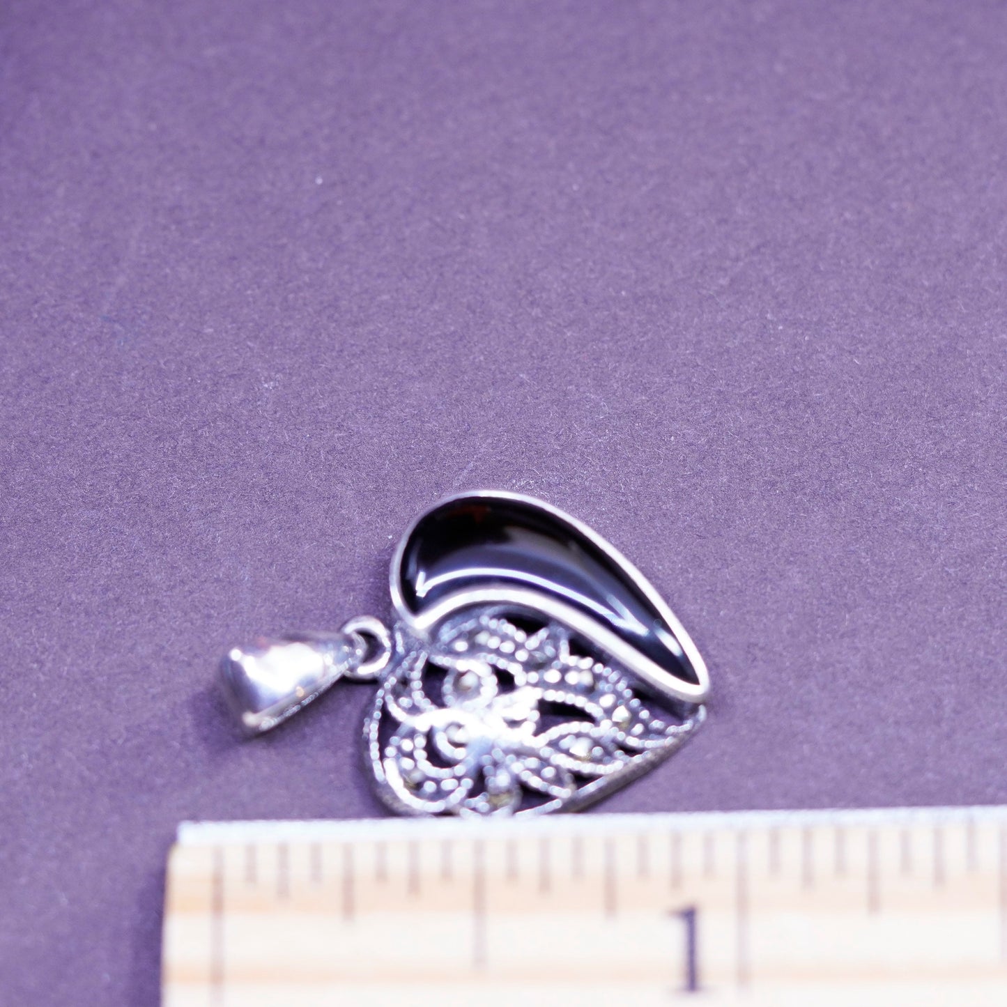 Vintage Sterling 925 silver handmade charm pendant w/ heart obsidian marcasite