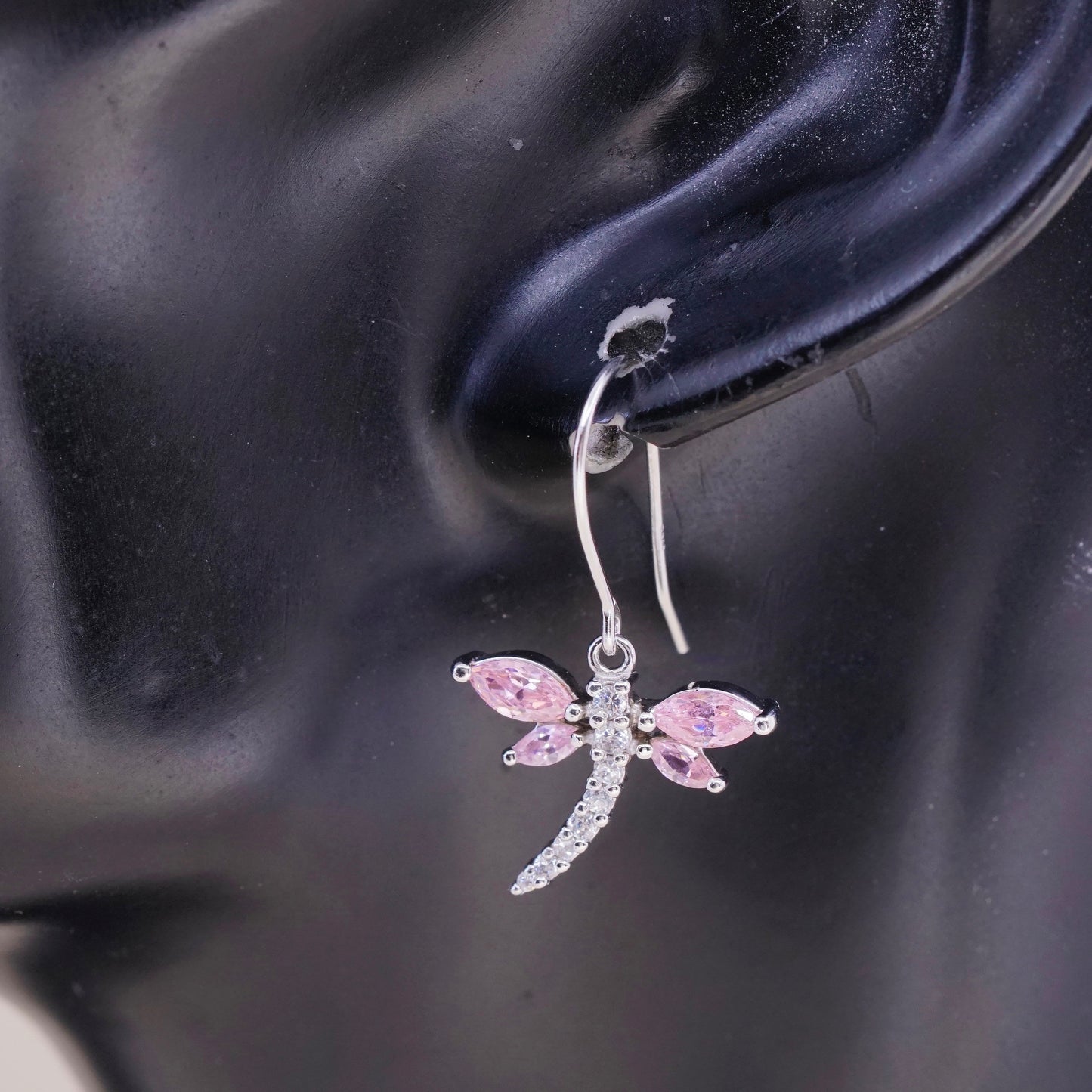 Vintage handmade sterling 925 silver dragonfly earrings with pink Cz