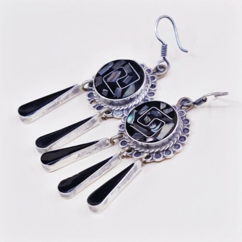 Vtg Mexico Sterling Silver Handmade Earrings, 925 W/ abalone N Teardrop Dangles