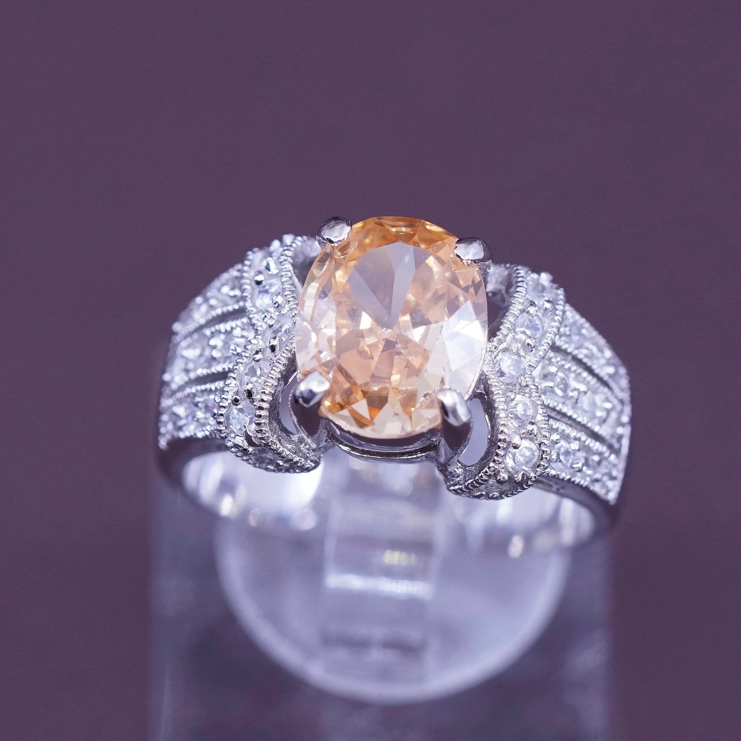 Size 7.5, vintage Sterling 925 silver handmade ring with orange citrine and cz