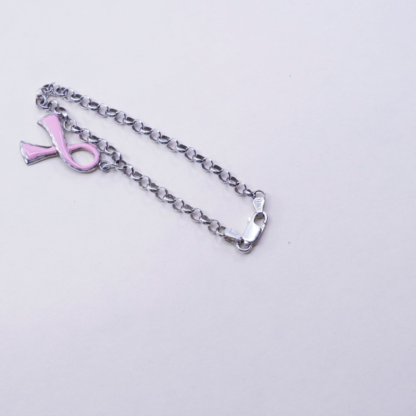 6.5” sterling 925 silver bracelet, circle chain ribbon breast cancer survivor
