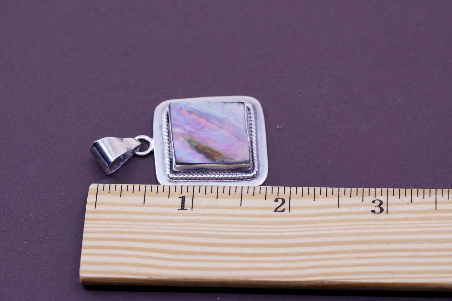 Vintage mexico Sterling 925 silver handmade square pendant with abalone