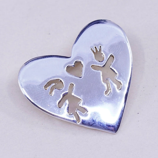 vtg Sterling silver handmade brooch, modern 925 heart pin with boy girl cut out