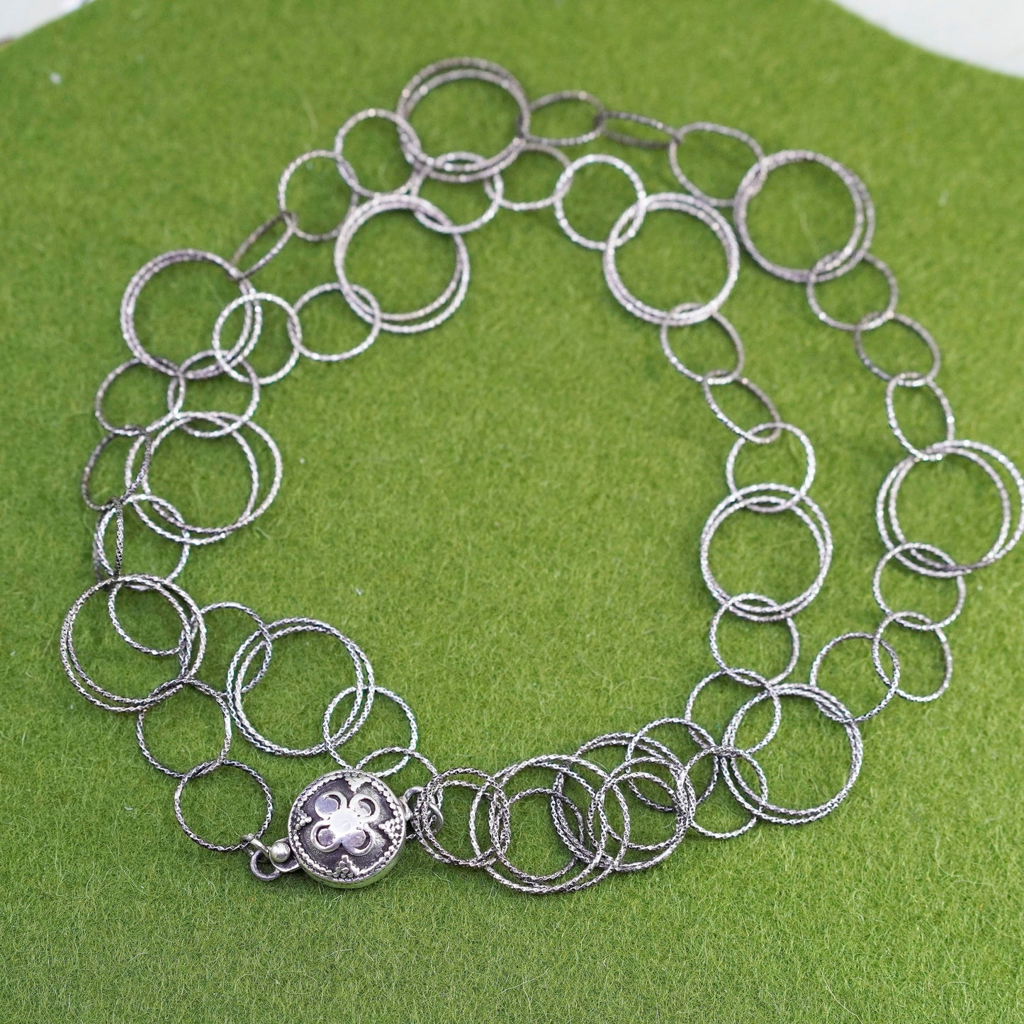 24”, sterling silver necklace, 925 handmade textured circle chain bail clasp