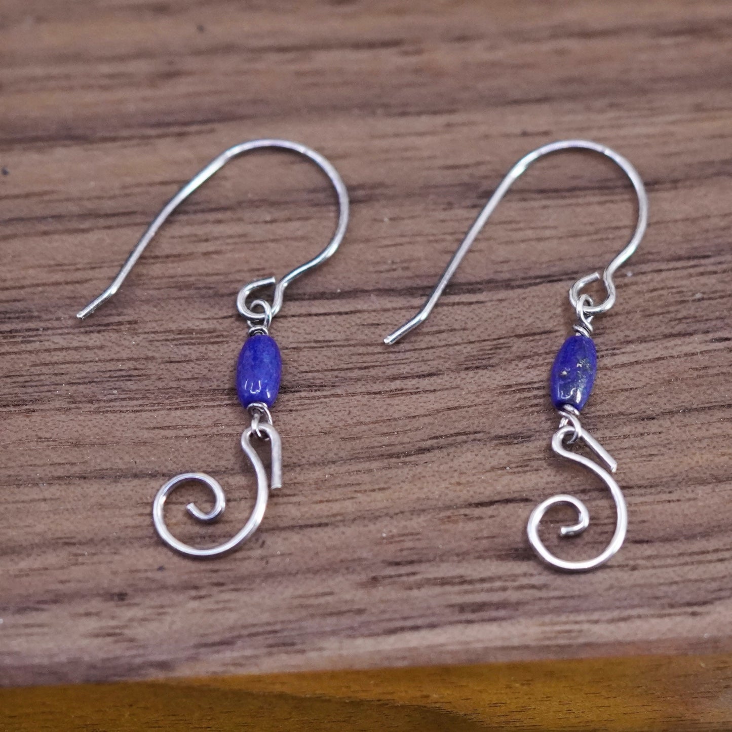 Vintage sterling silver handmade earrings, 925 swirly drops with lapis