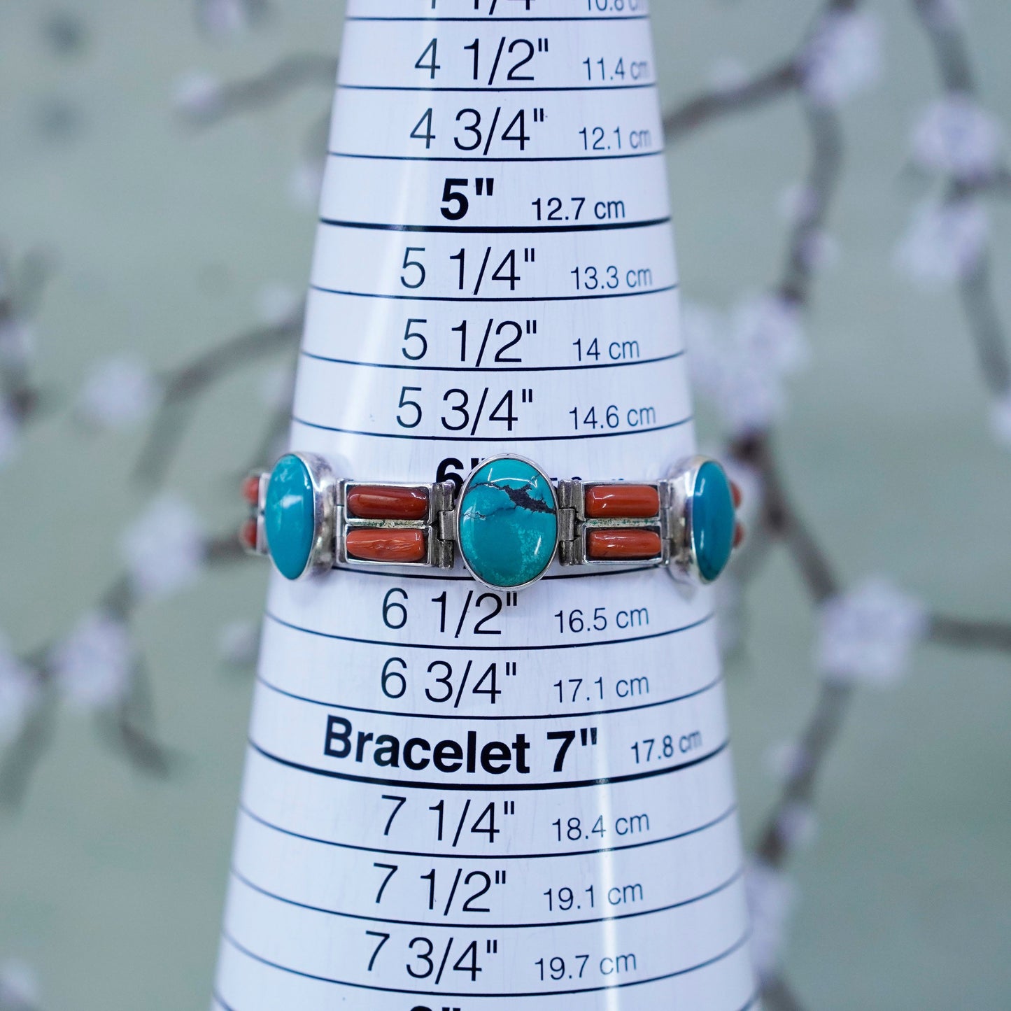 6.25”, southwestern Sterling 925 silver tennis bracelet with turquoise coral