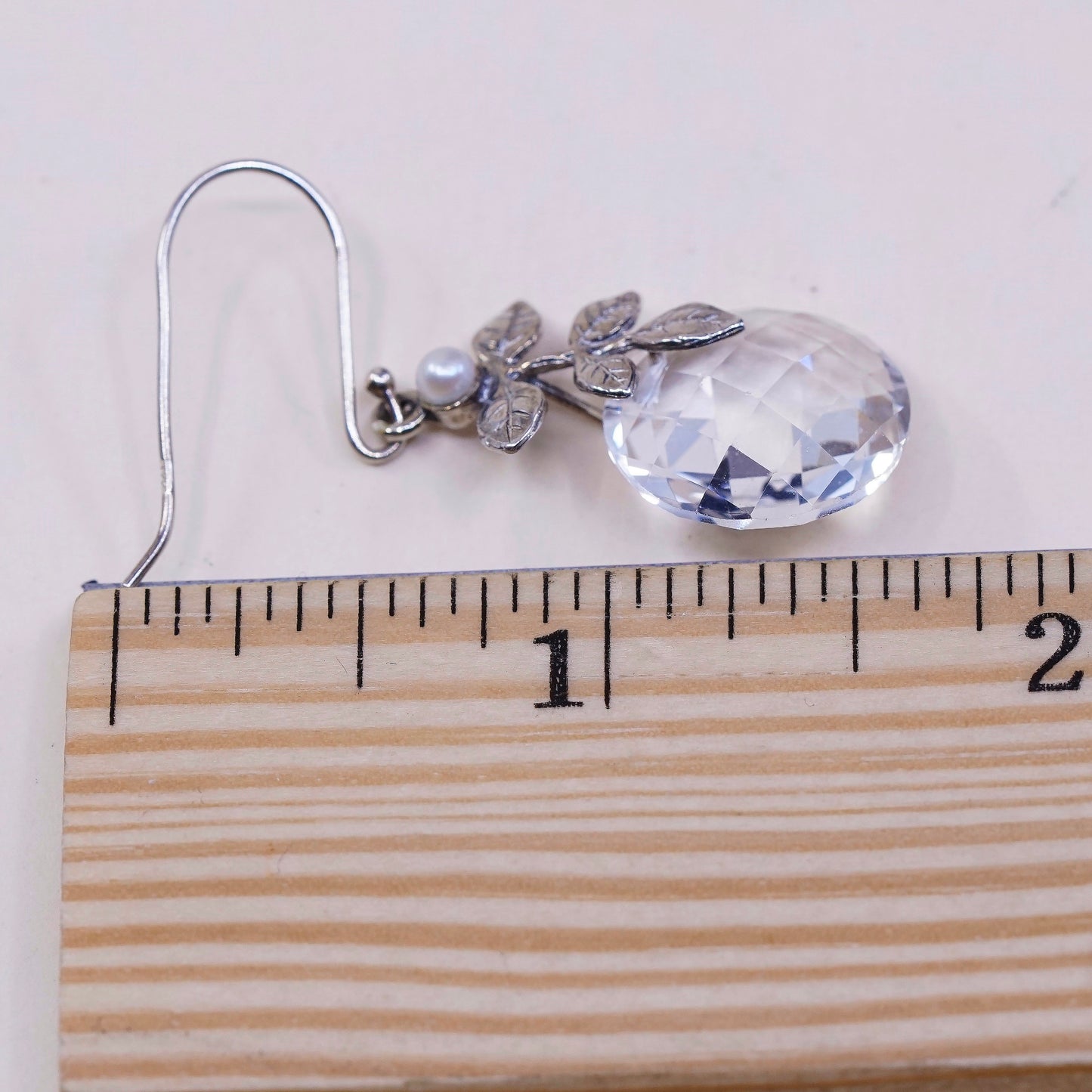 vtg Israel Sterling silver handmade earrings, 925 leaves w/ pearl n cz dangles