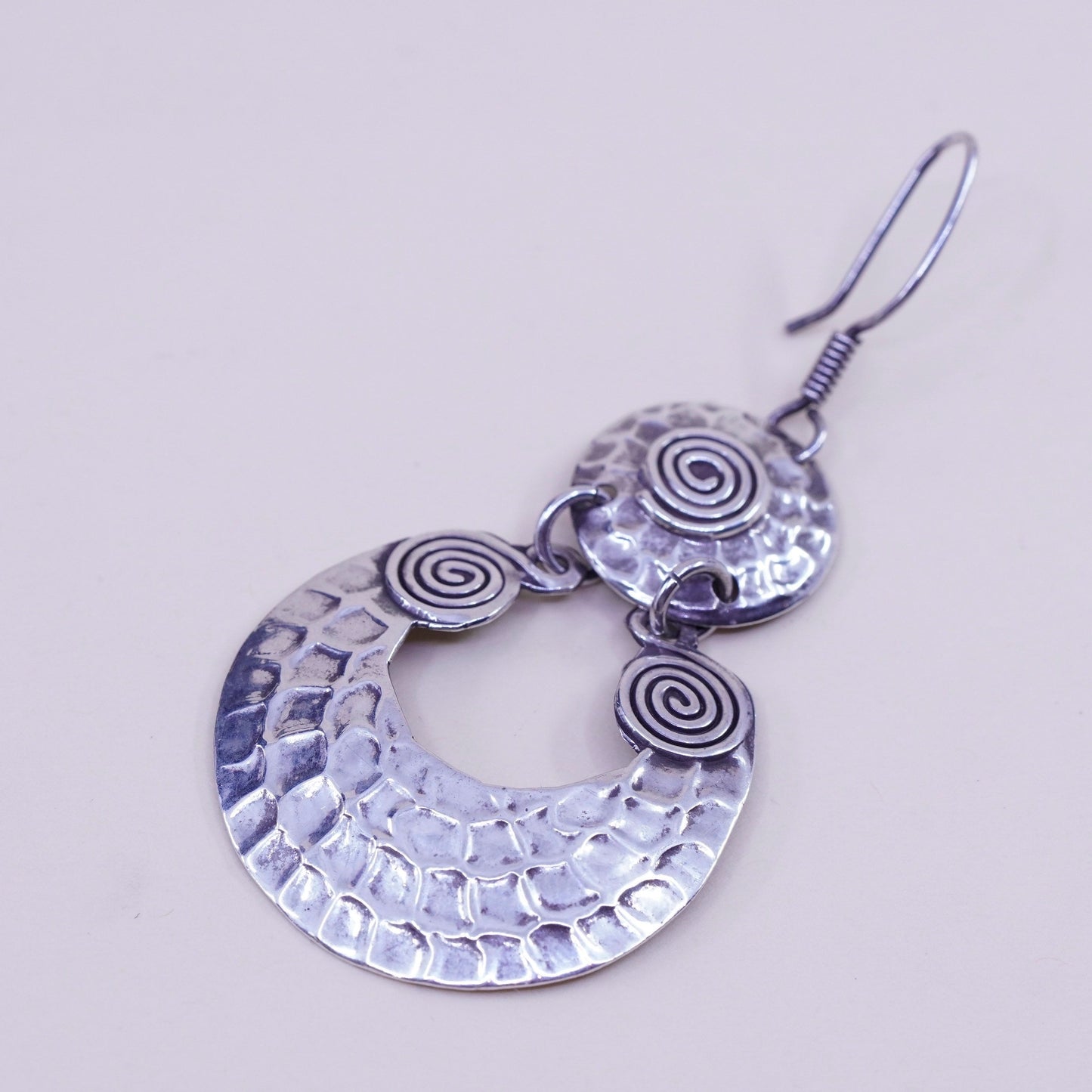 Vintage sterling silver handmade earrings, huge 925 circle w/ hammered texture