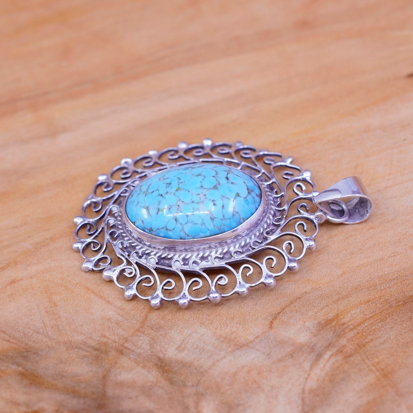 Sterling silver handmade pendant, bali style 925 filigree trim oval turquoise