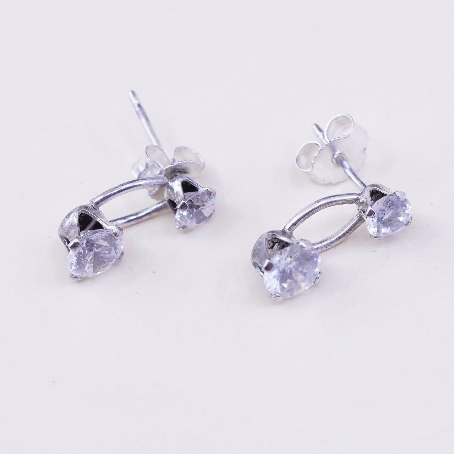 Vintage sterling 925 silver clear crystal studs, fashion minimalist earrings, stamped 925