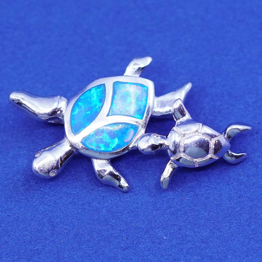 Vintage Sterling silver handmade pendant, 925 turtles with opal inlay