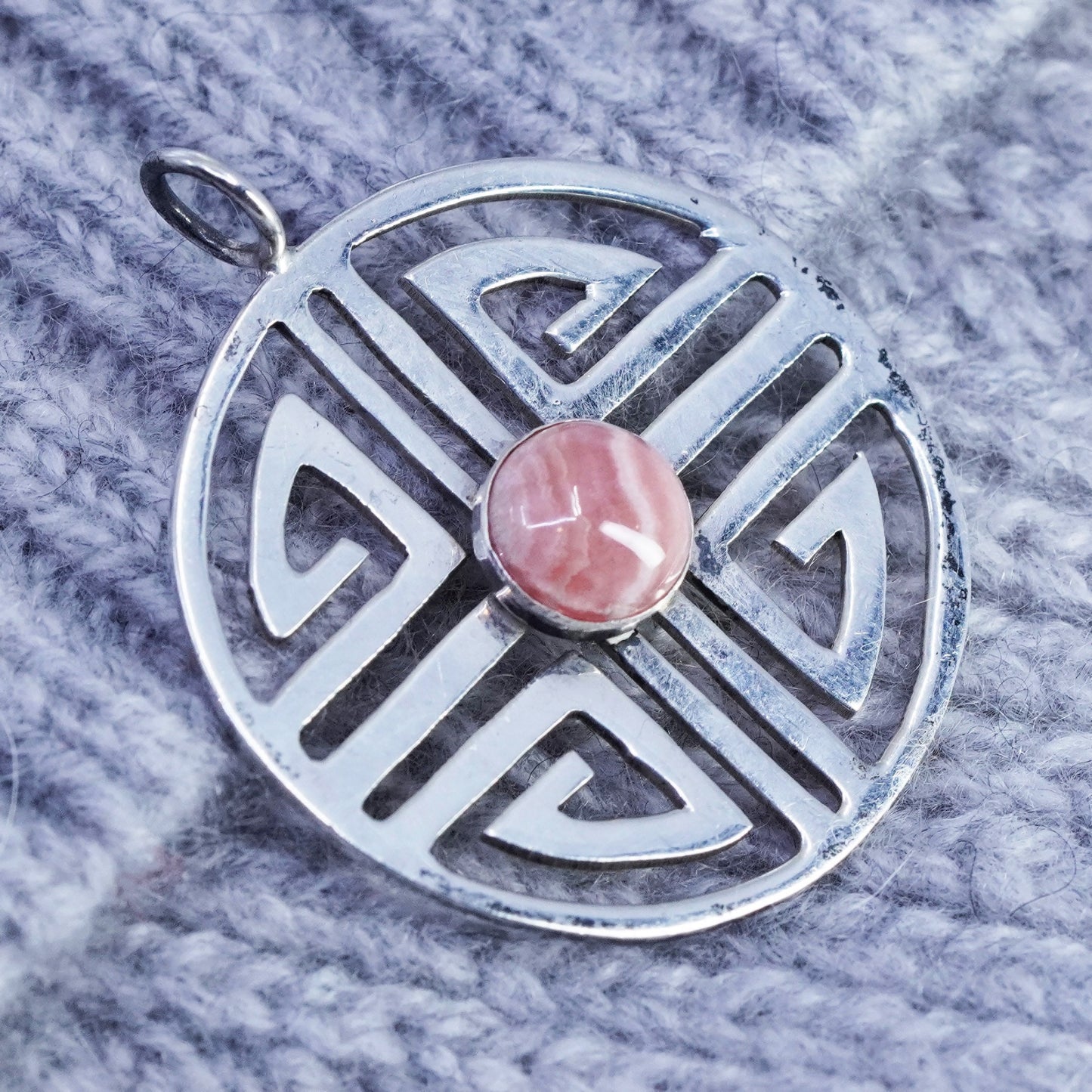 Vintage sterling 925 silver round Greek key pendant with pink Rhodochrosite