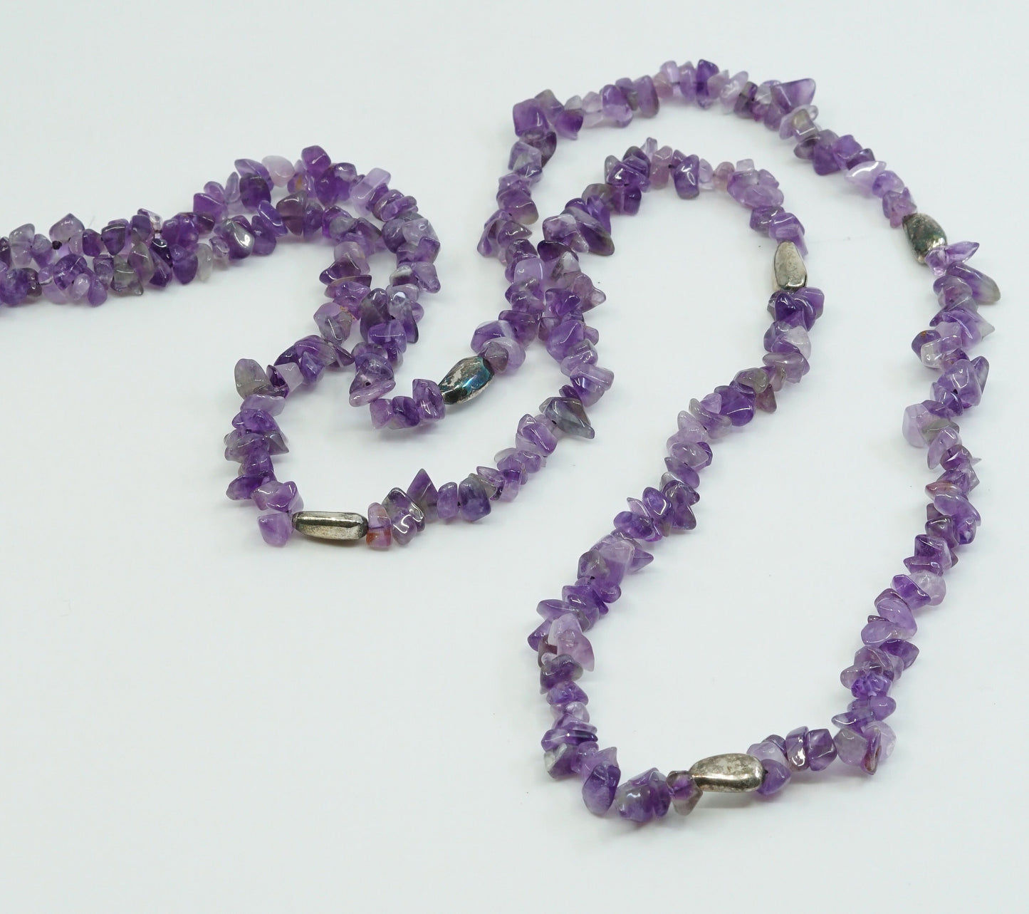 40”, vtg sterling silver handmade necklace, amethyst N 925 nugget beads