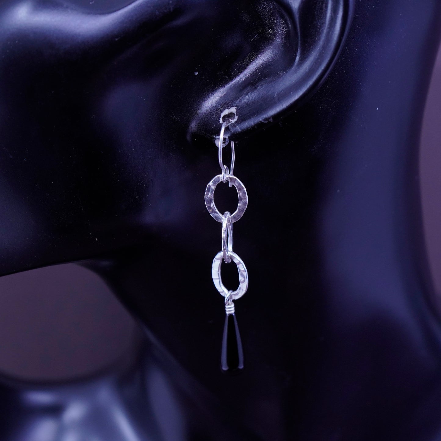 shube Sterling silver handmade earrings, 925 oval linen with teardrop obsidian