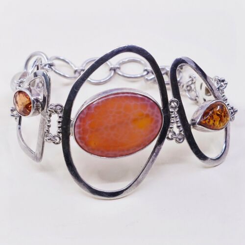 6+2”, Vtg Sajen Sterling Silver Handmade Bracelet, 925 W/ Amber Citrine N Agate