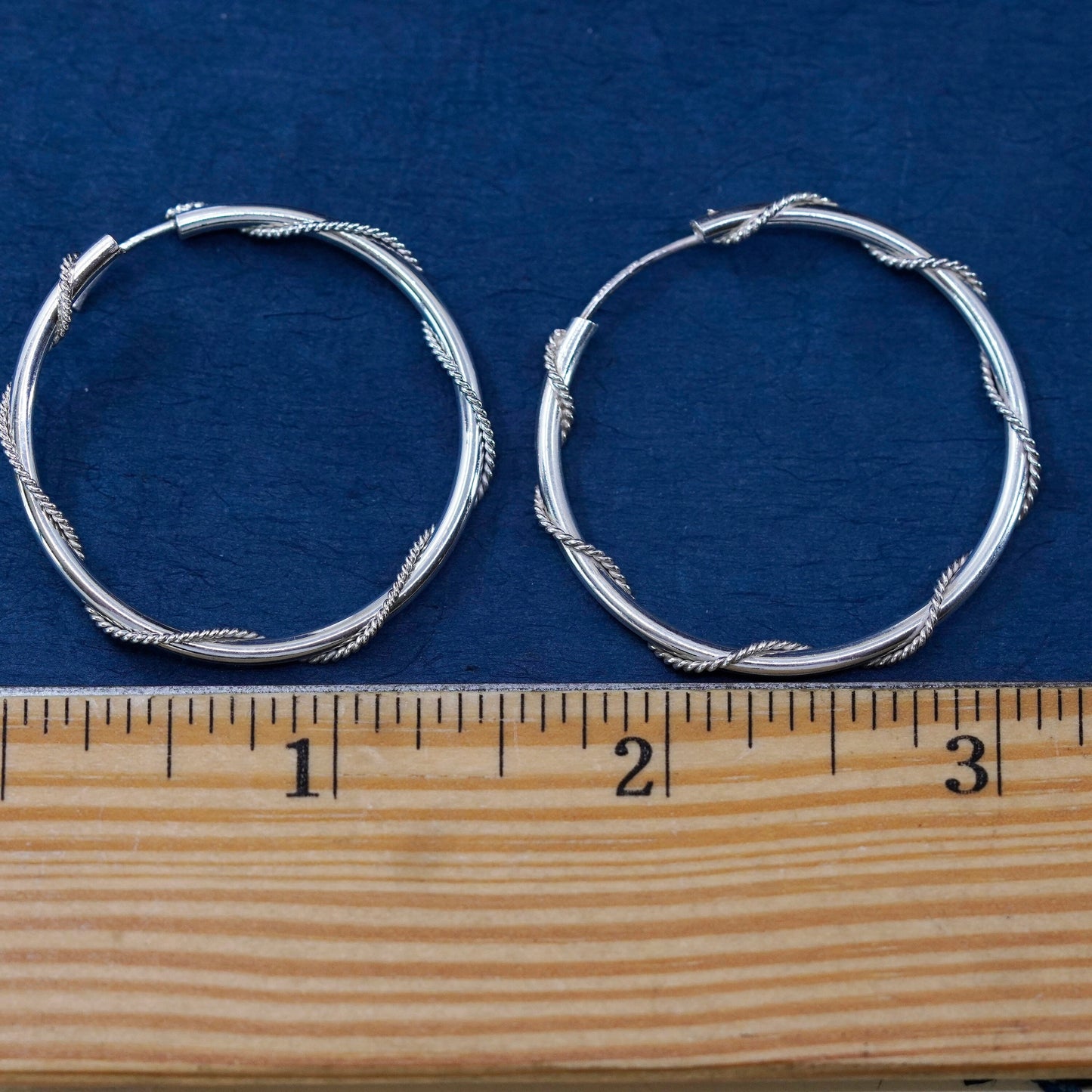1.5”, vintage Sterling silver handmade hoop, 925 earrings with cable around