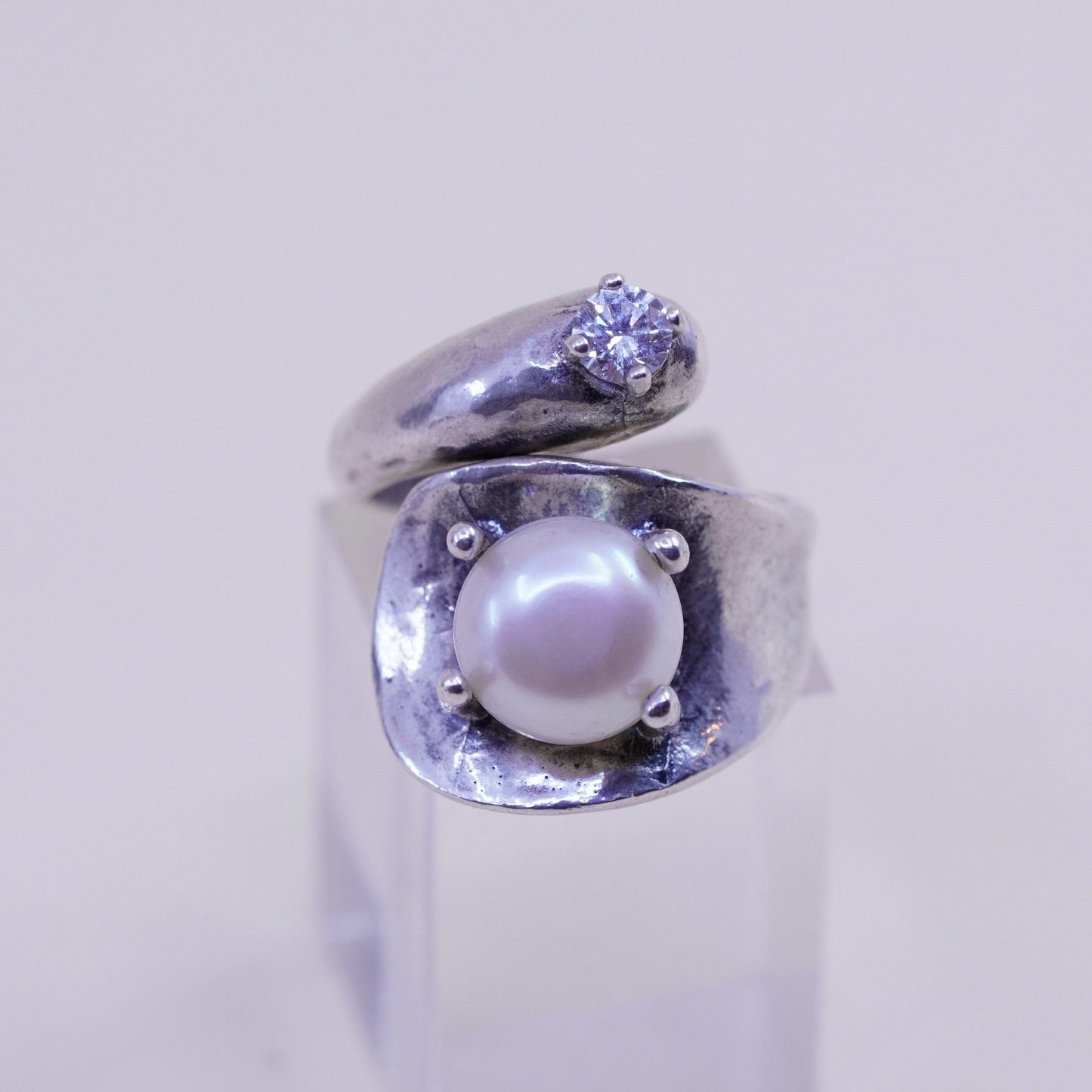 Size 7, vintage Sterling silver handmade ring, modern 925 band with pearl cz