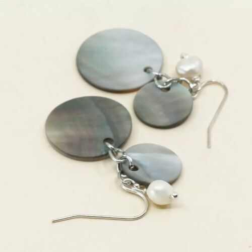 Vtg Sterling Silver Handmade Earrings, 925 Silver W/ abalone Disks N Pearl