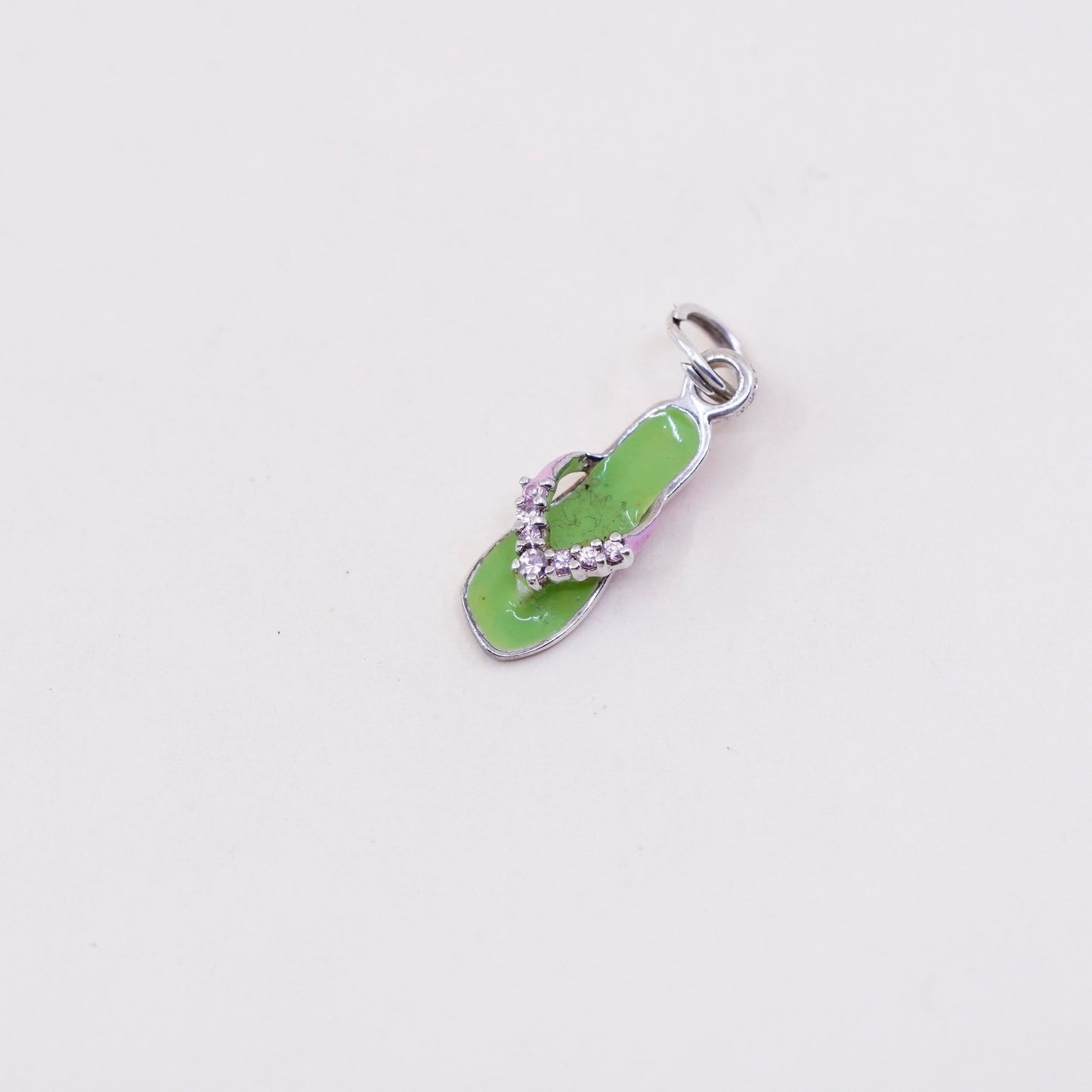 Vintage Sterling silver handmade pendant, 925 green enamel sandal with cz strap