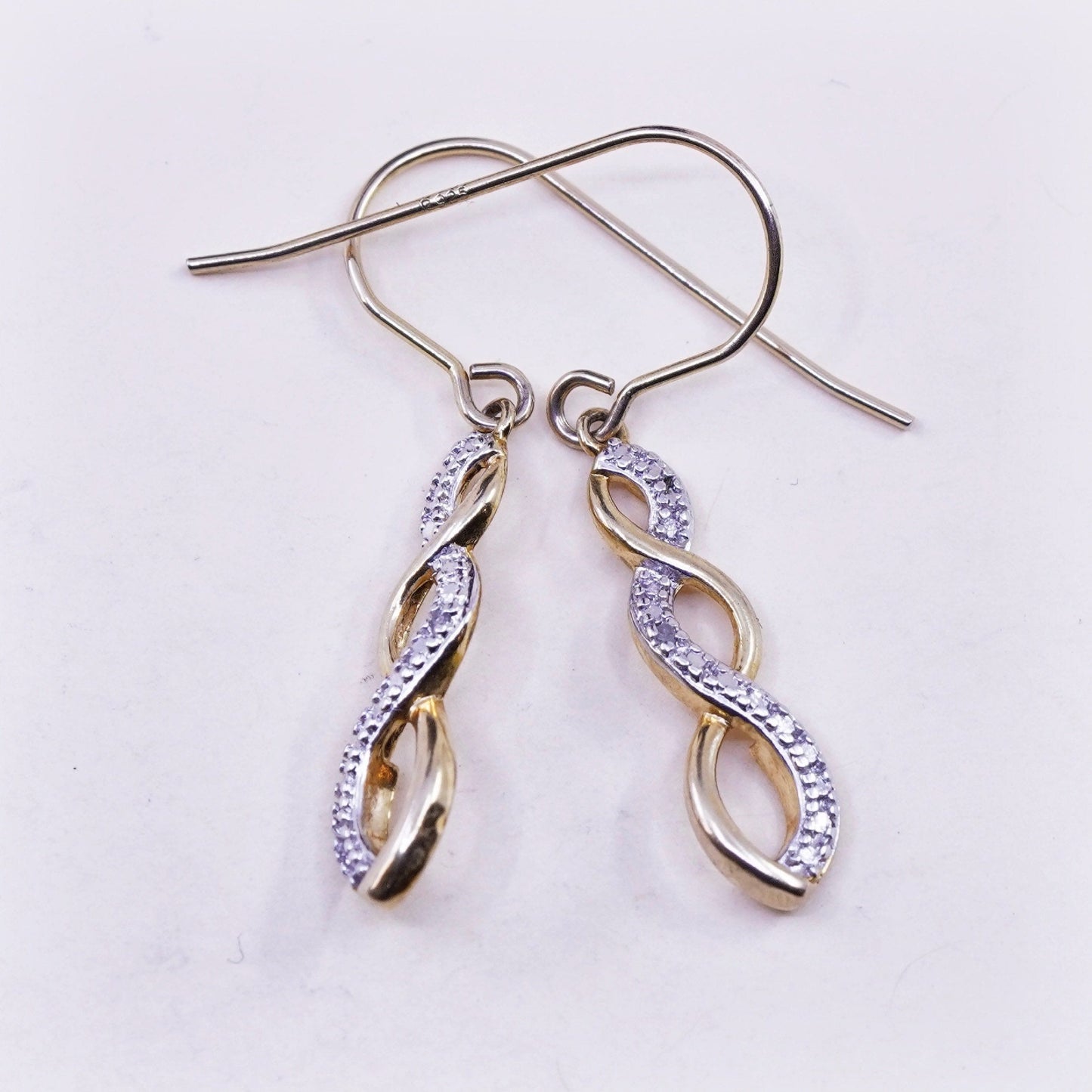 Vintage vermeil gold over sterling silver earrings, 925 twisted dangles diamond