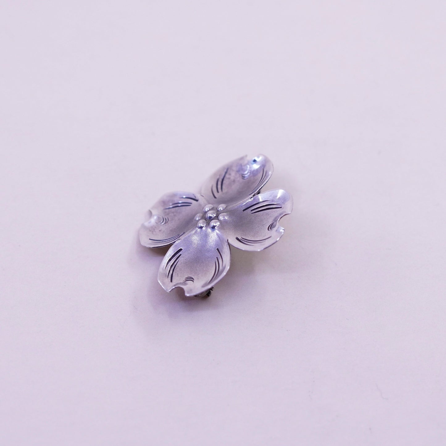 Vintage sterling silver dogwood flower shaped brooch, fine 925 silver brooch