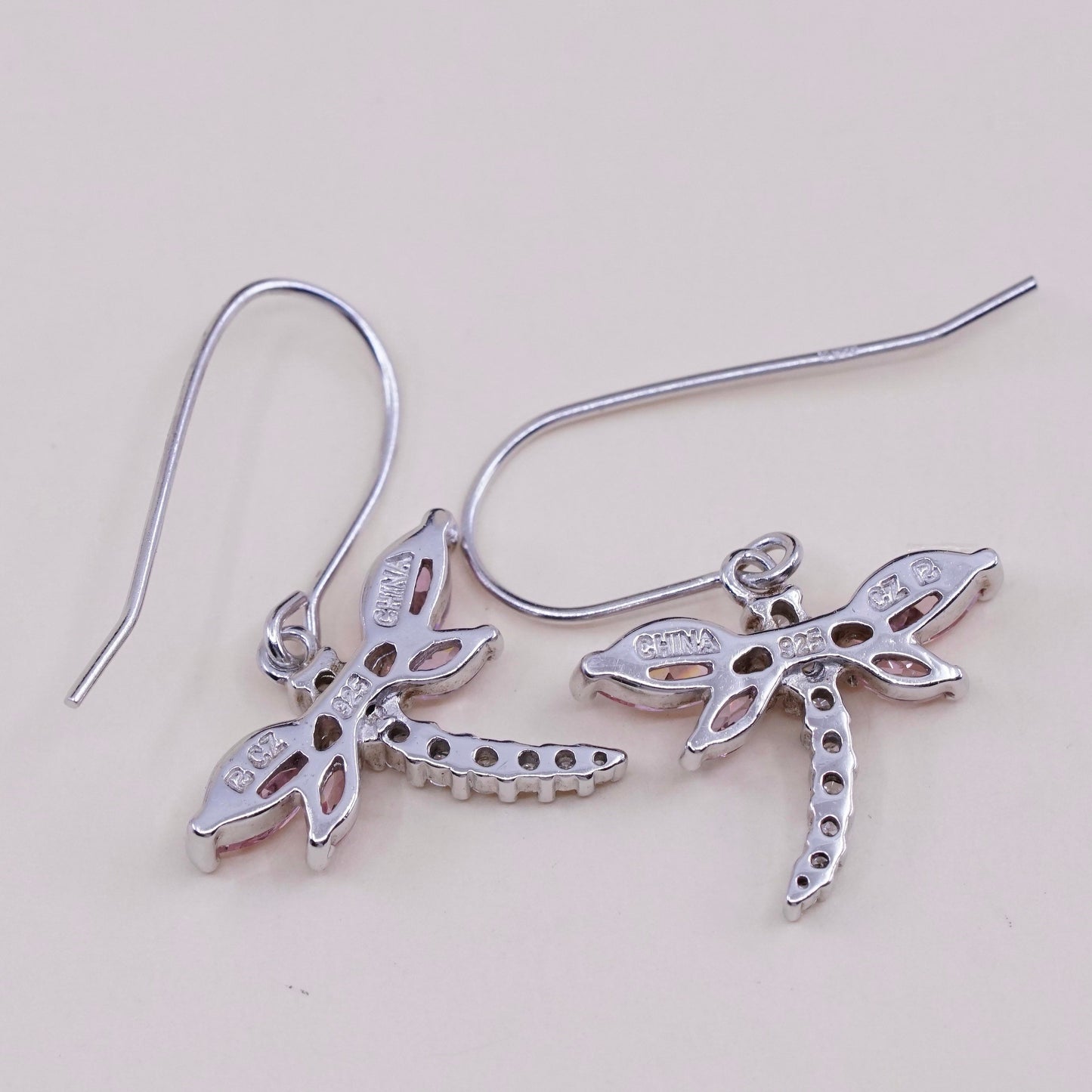 Vintage handmade sterling 925 silver dragonfly earrings with pink Cz