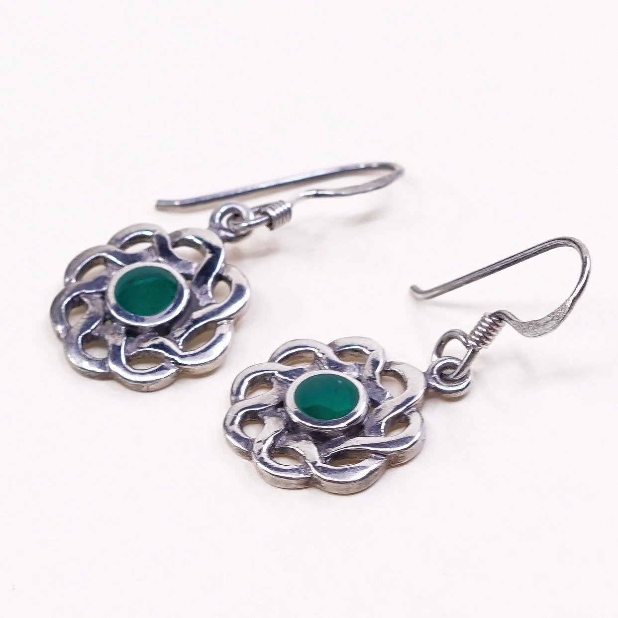 Irish Sterling silver handmade earrings, 925 whirl waves dangles n jade
