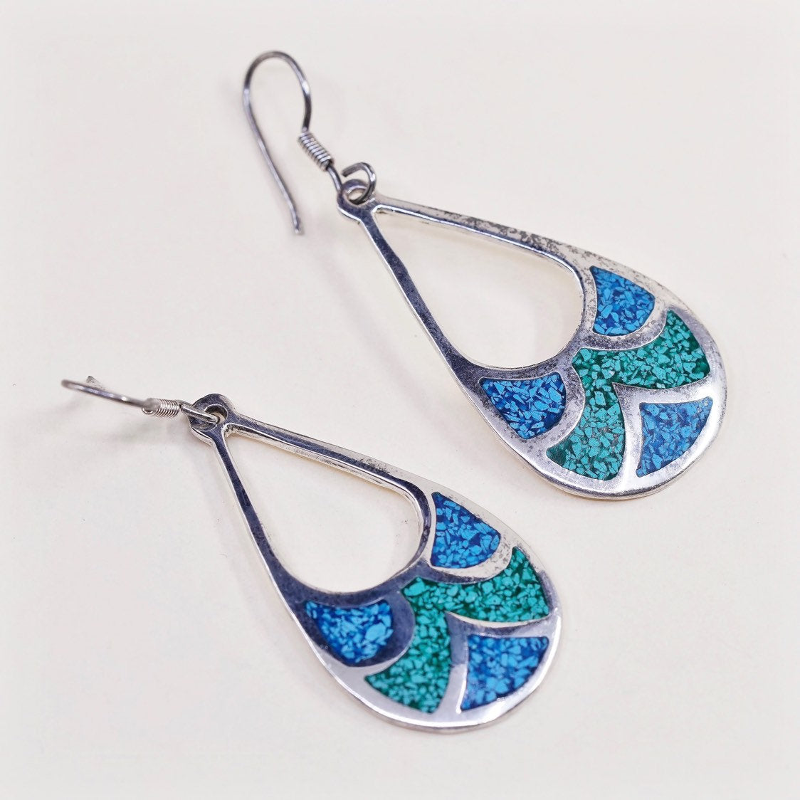 vtg sterling silver handmade earrings, mexico 950 teardrop w/ turquoise