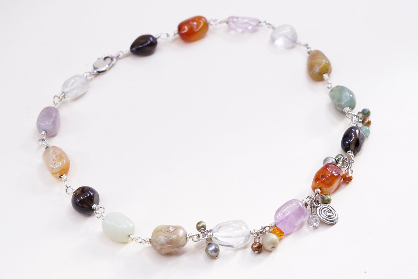 20”, sterling 925 silver necklace w/ agate crystal amethyst carnelian N jade