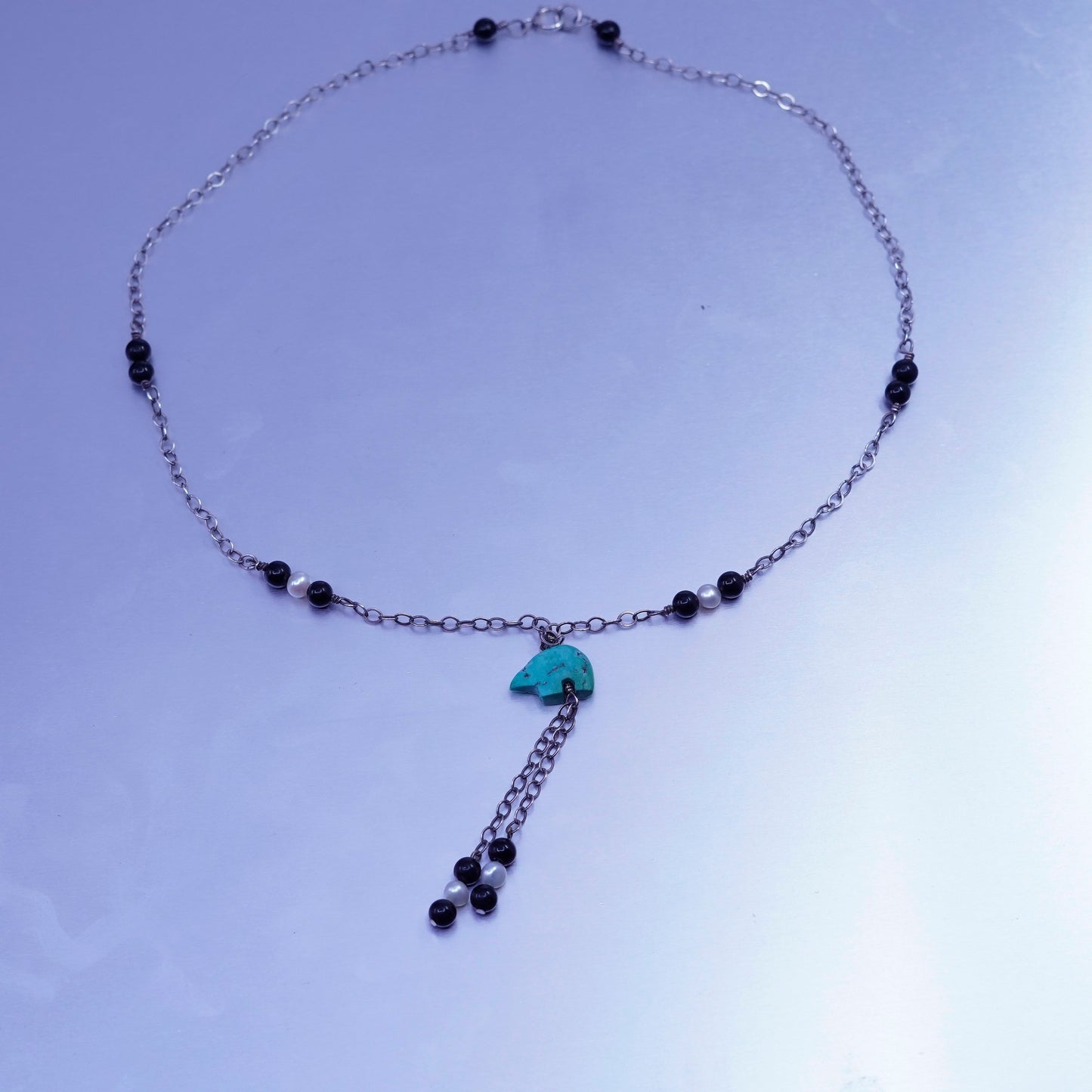 16”, Native American Sterling 925 circle silver necklace obsidian turquoise