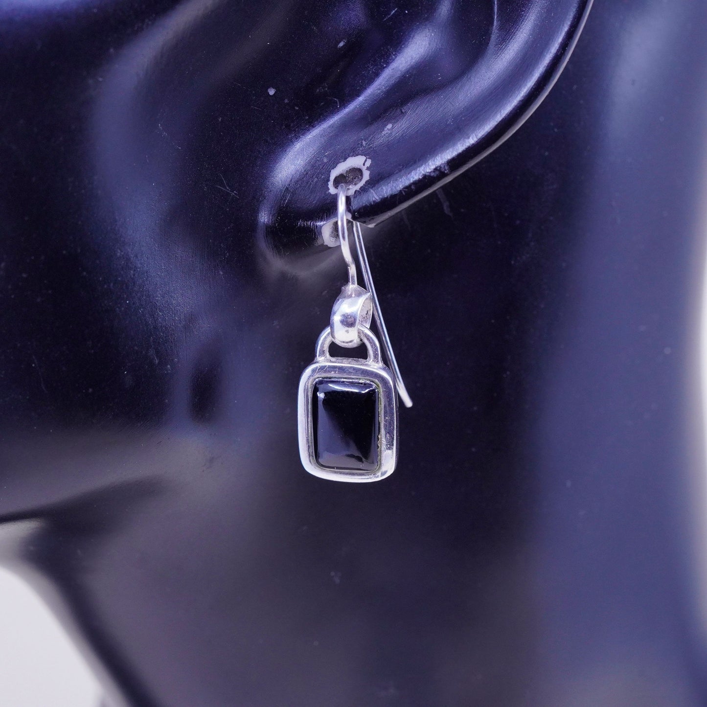 Vintage Sterling 925 silver handmade earrings with square obsidian drops
