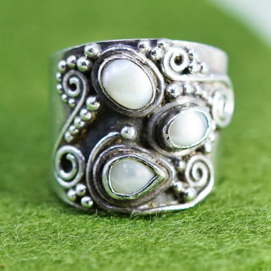 Size 8, vintage Sterling silver handmade ring, 925 band with pearls and beads