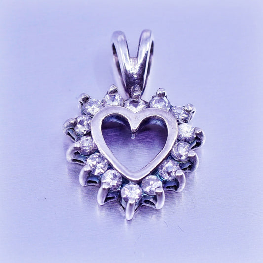 Antique Sterling silver handmade charm, 925 heart pendant with cz