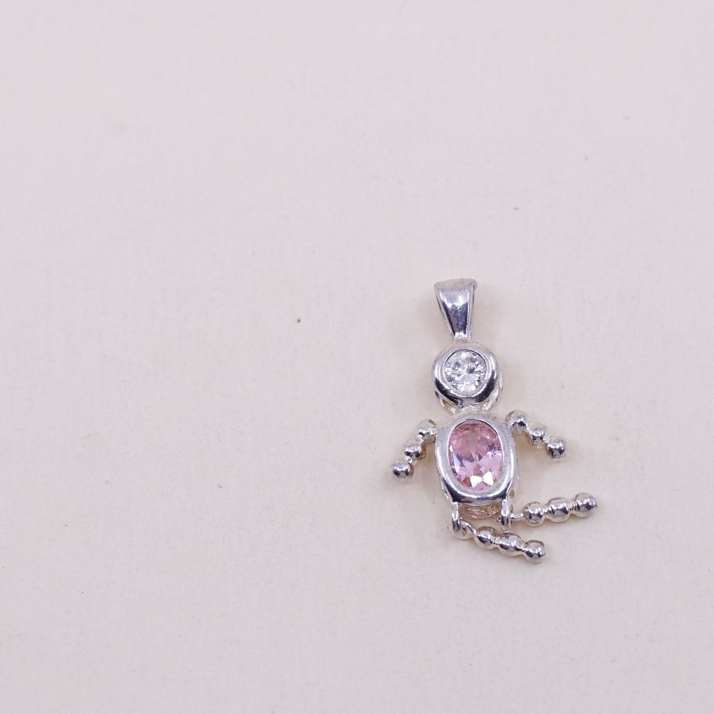 vtg sterling 925 silver birthstone handmade pendant w/ pink cz boy figure charm