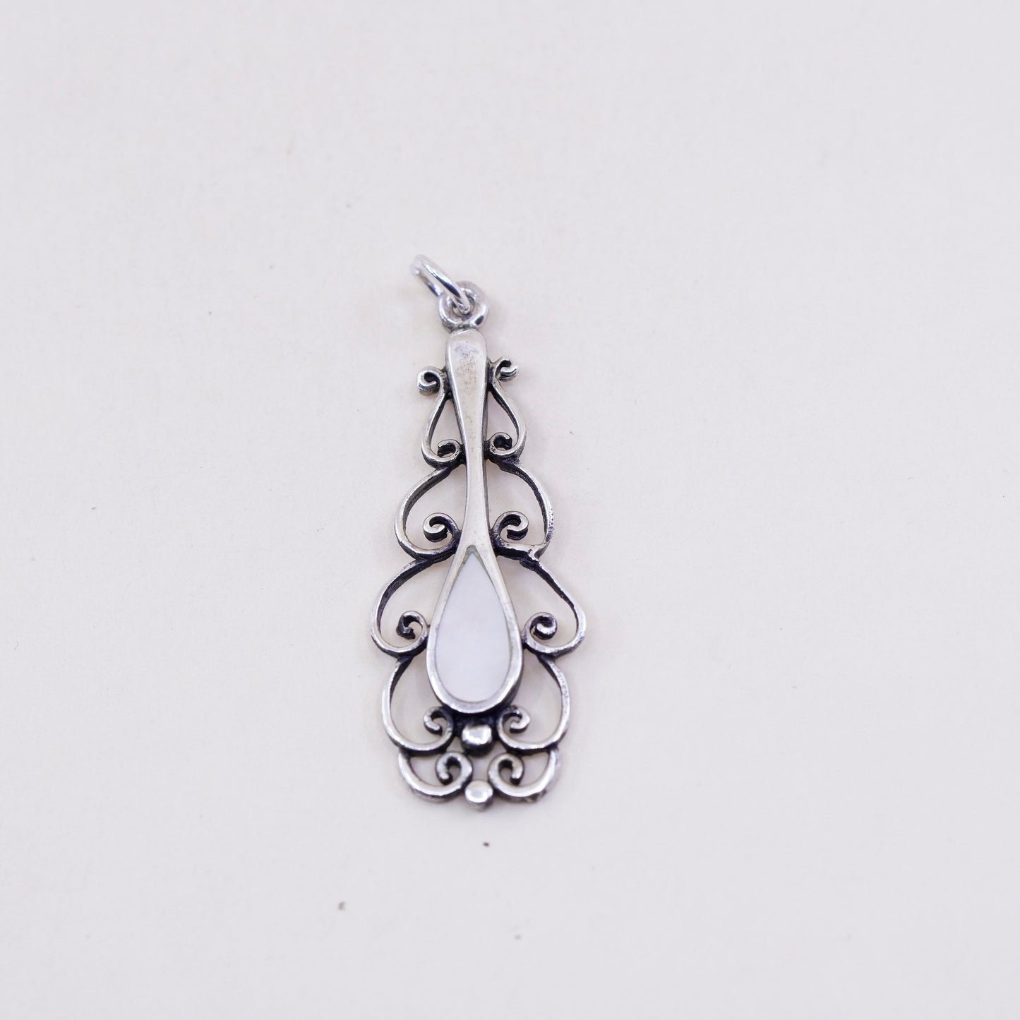 sterling silver pendant, 925 filigree teardrop charm with mother of pearl