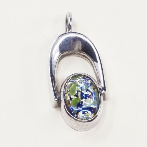 Vtg Sterling Silver Handmade Pendant, Mexico 925 Silver With Foiled Glass