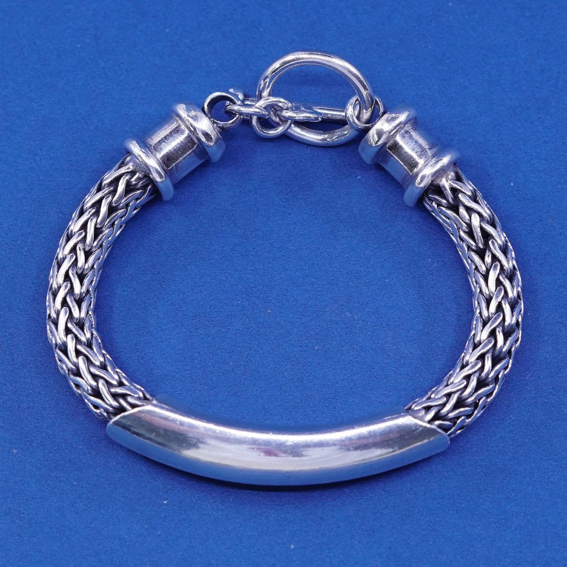 6.25”, 9mm, vtg Sterling silver handmade bracelet, 925 wheat chain w/ blank bar