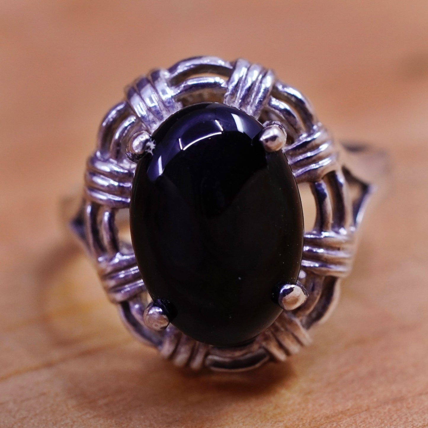 Size 7, vintage Sterling 925 silver handmade ring with oval obsidian