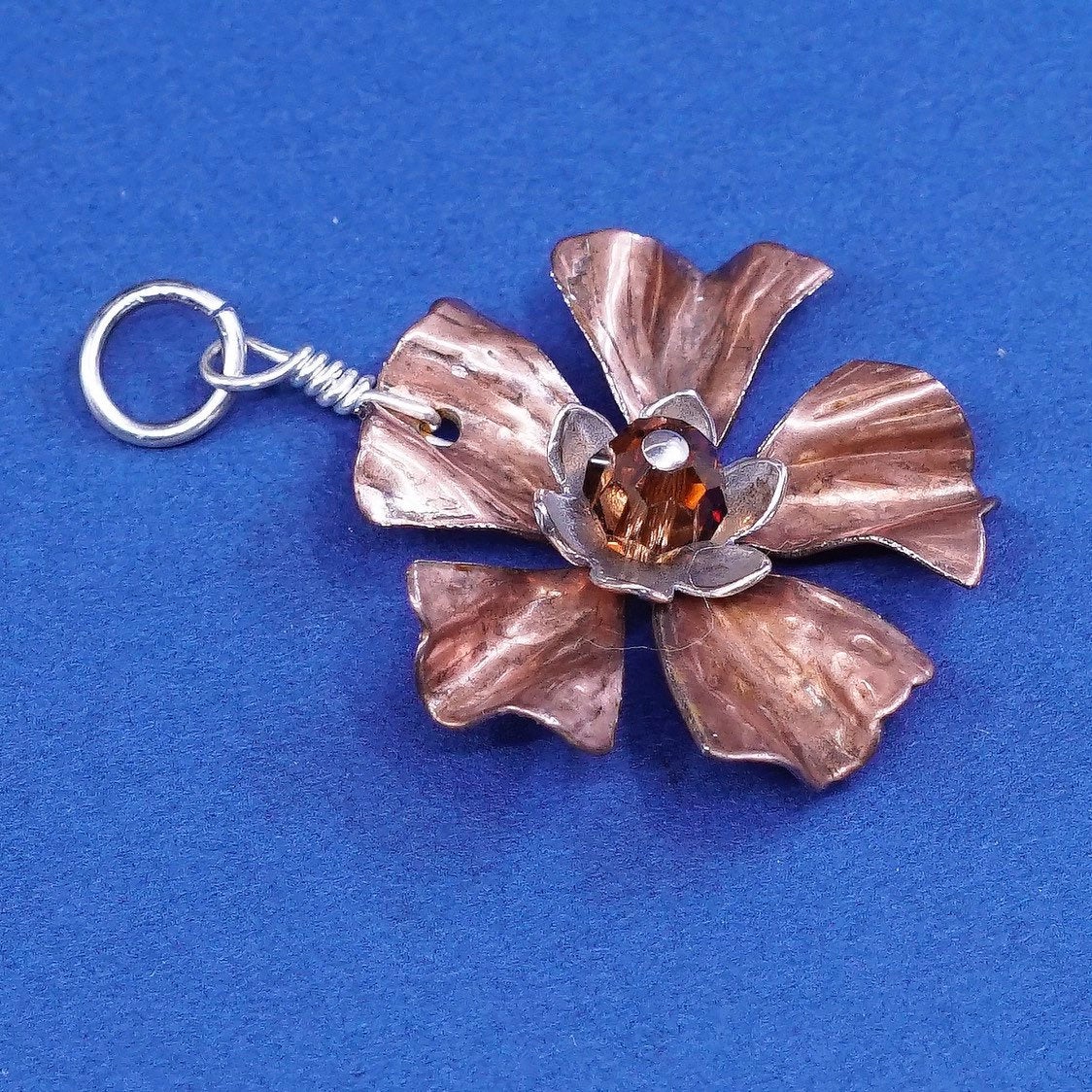 vtg copper handmade flower pendant w/ sterling 925 silver ring ruby crystal