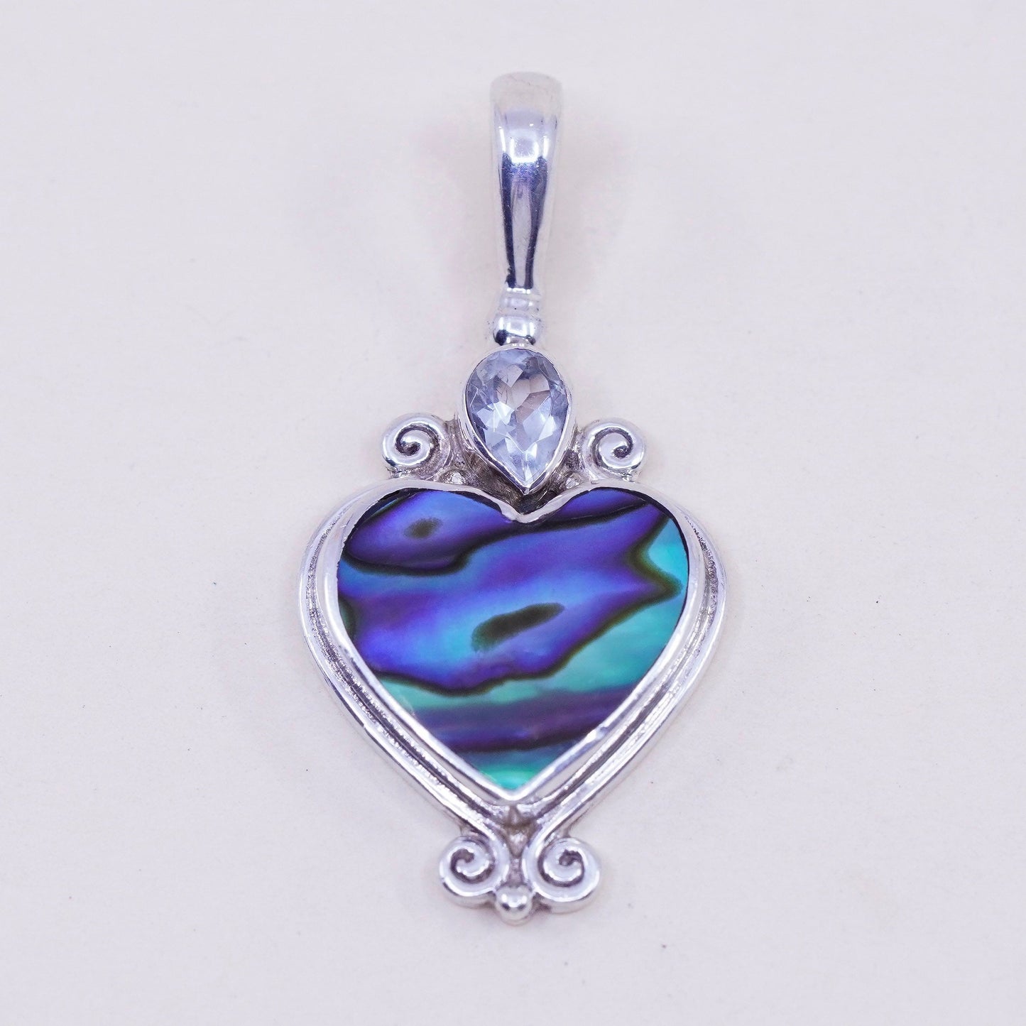Vintage sajen Sterling 925 silver heart pendant with abalone and topaz