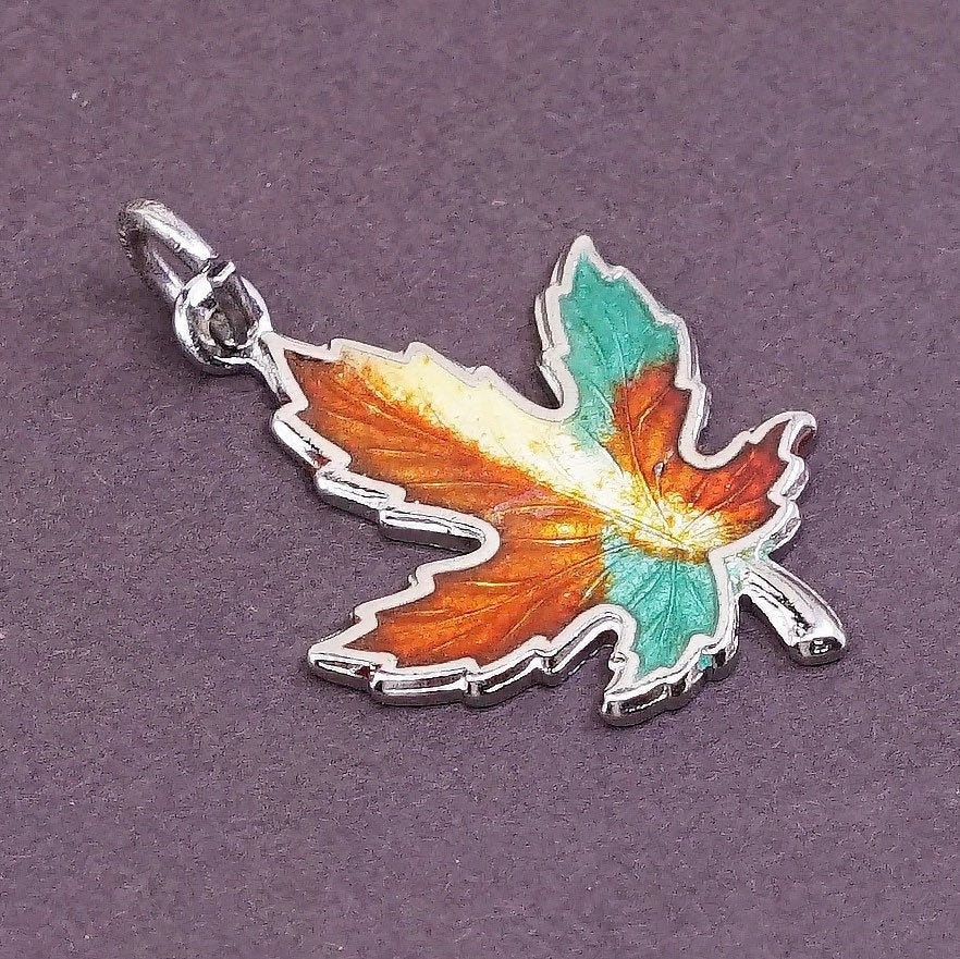 vtg Sterling silver handmade charm, 925 silver colorful enamel leaf pendant