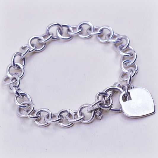 6.75”, Vintage sterling silver bracelet, handmade 925 circle chain heart charm