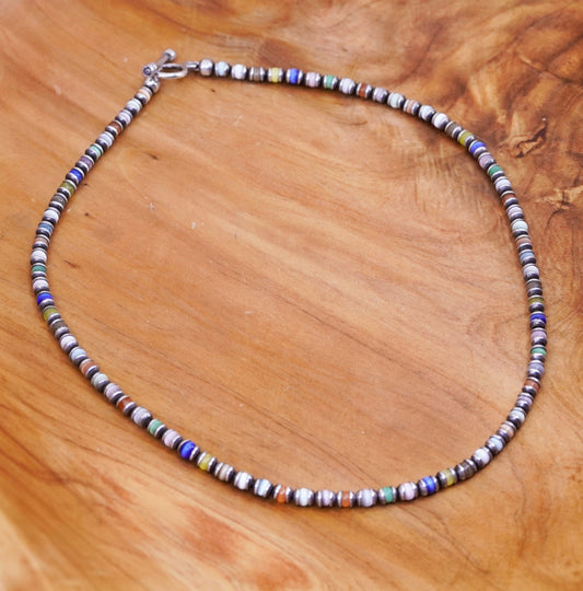 18”, sterling silver handmade necklace, 925 heishi chain with cats eye beads