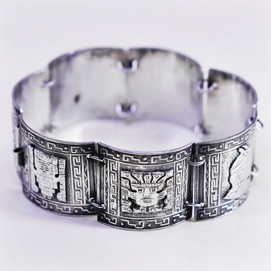 6”, vintage Signed JFG Peru 925 Sterling Silver Wide Bracelet, Aztec Mayan
