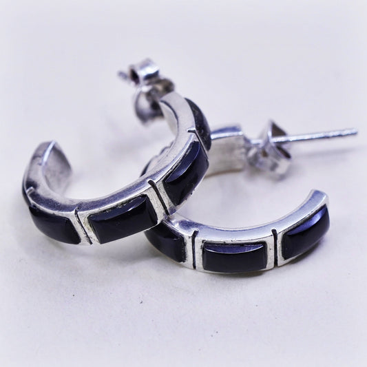 0.75” Sterling silver handmade earrings, 925 hoops Huggie with obsidian beads