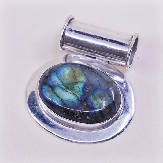 VTG Sterling silver handmade slide pendant, Mexican 925 W huge oval labradorite