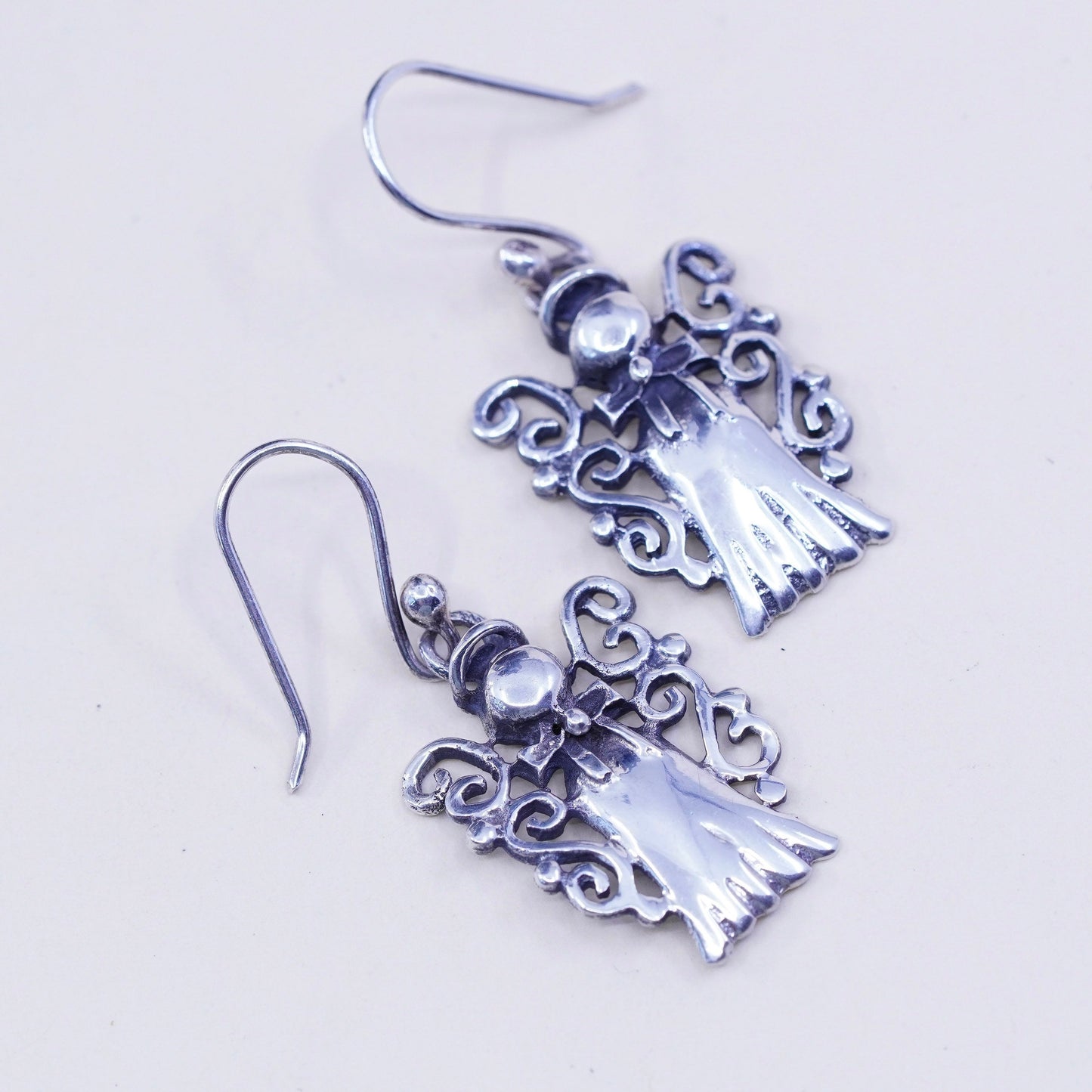 Vintage Sterling silver handmade earrings, 925 filigree angel dangles
