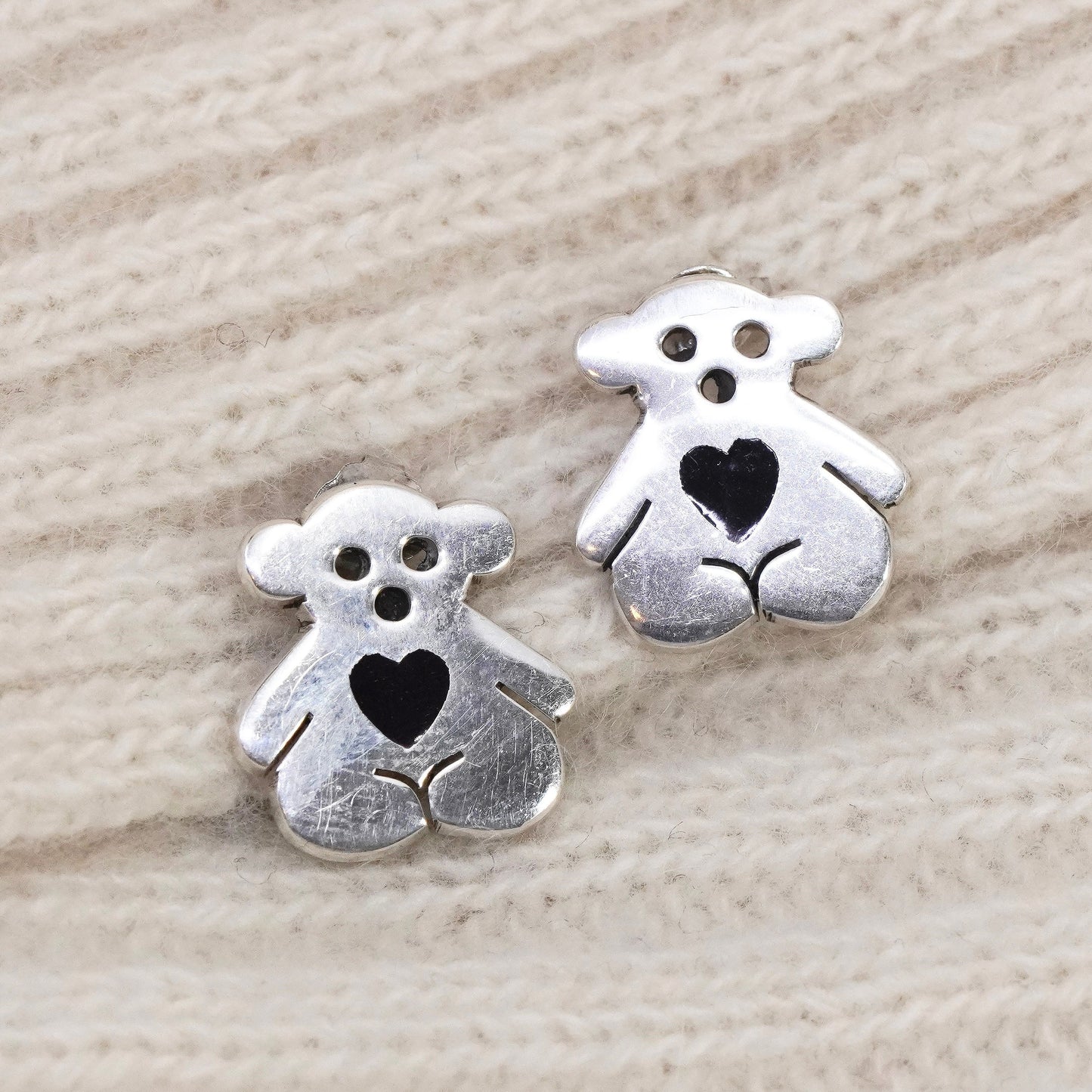 Southwestern sterling silver handmade earrings, 925 bear studs heart enamel